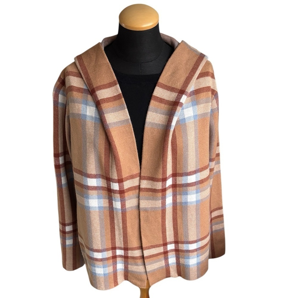 Tahari Plaid Cardigan - Tan, Brown Open Front Hooded Size L